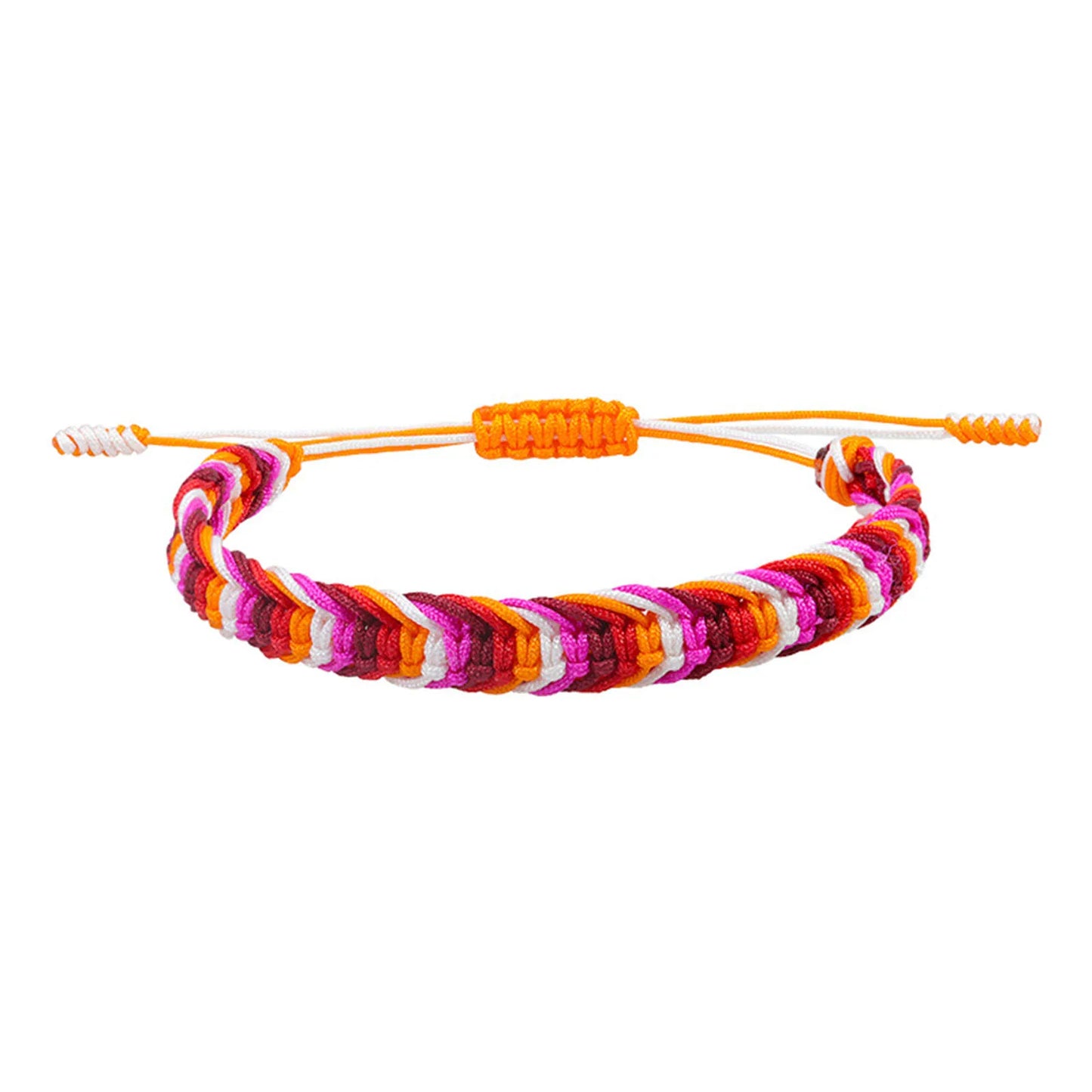 Bracelet tressé aux couleurs du drapeau lesbien : orange, rouge, blanc, magenta et bordeaux, cordon coulissant orange