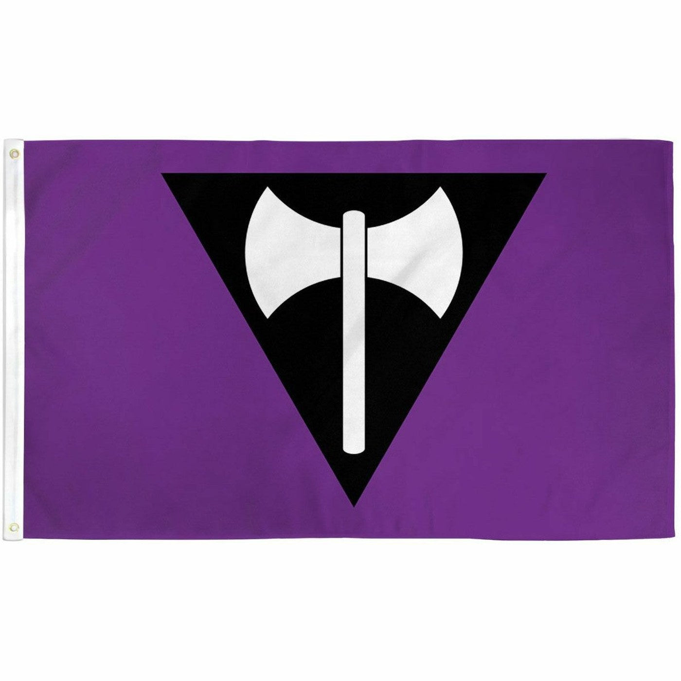 Drapeau lesbien labrys : hache à double tranchant blanche sur un triangle noir renversé, fond violet