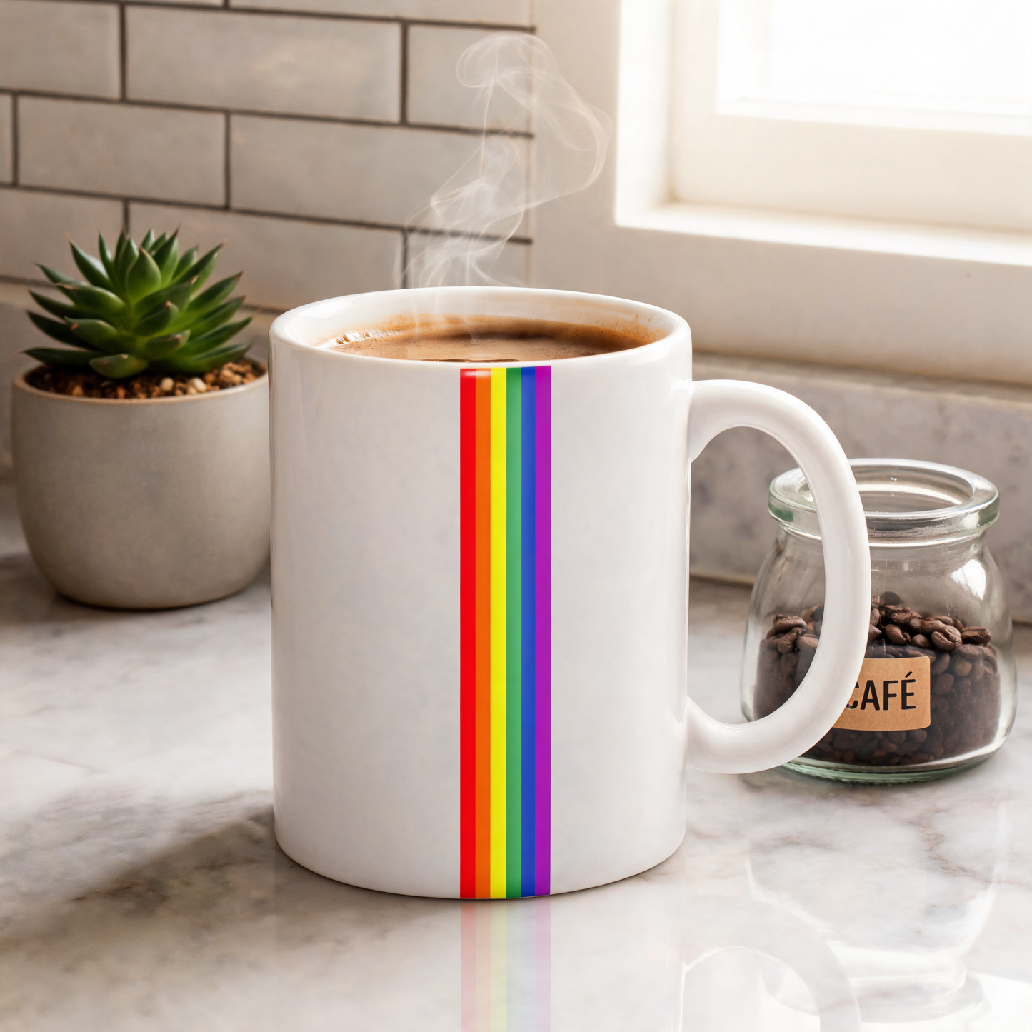 Mug LGBT blanc à fine bande arc-en-ciel verticale, posé sur un plan de travail avec un café