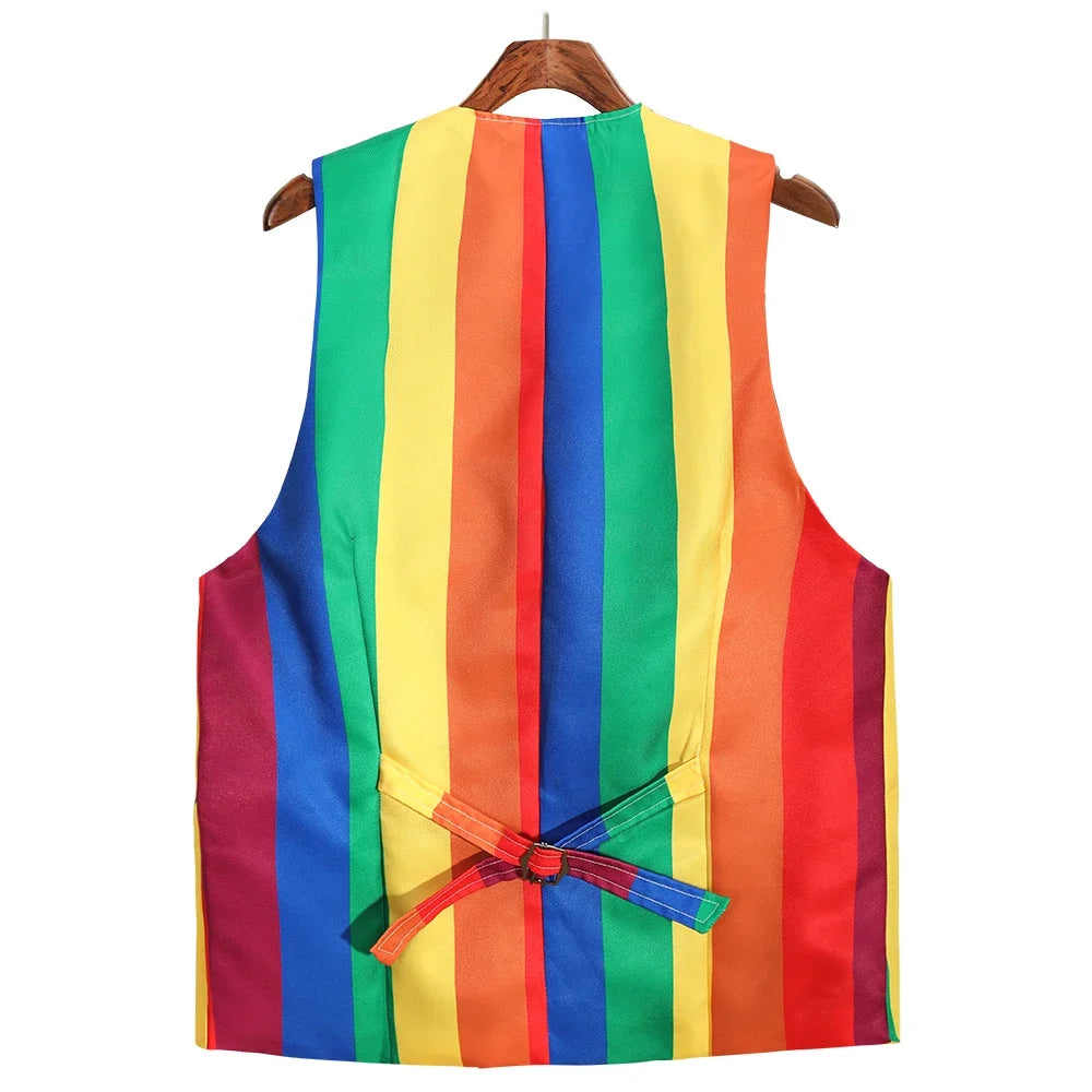 Le dos du gilet de costume arc-en-ciel présenté sur un cintre en bois