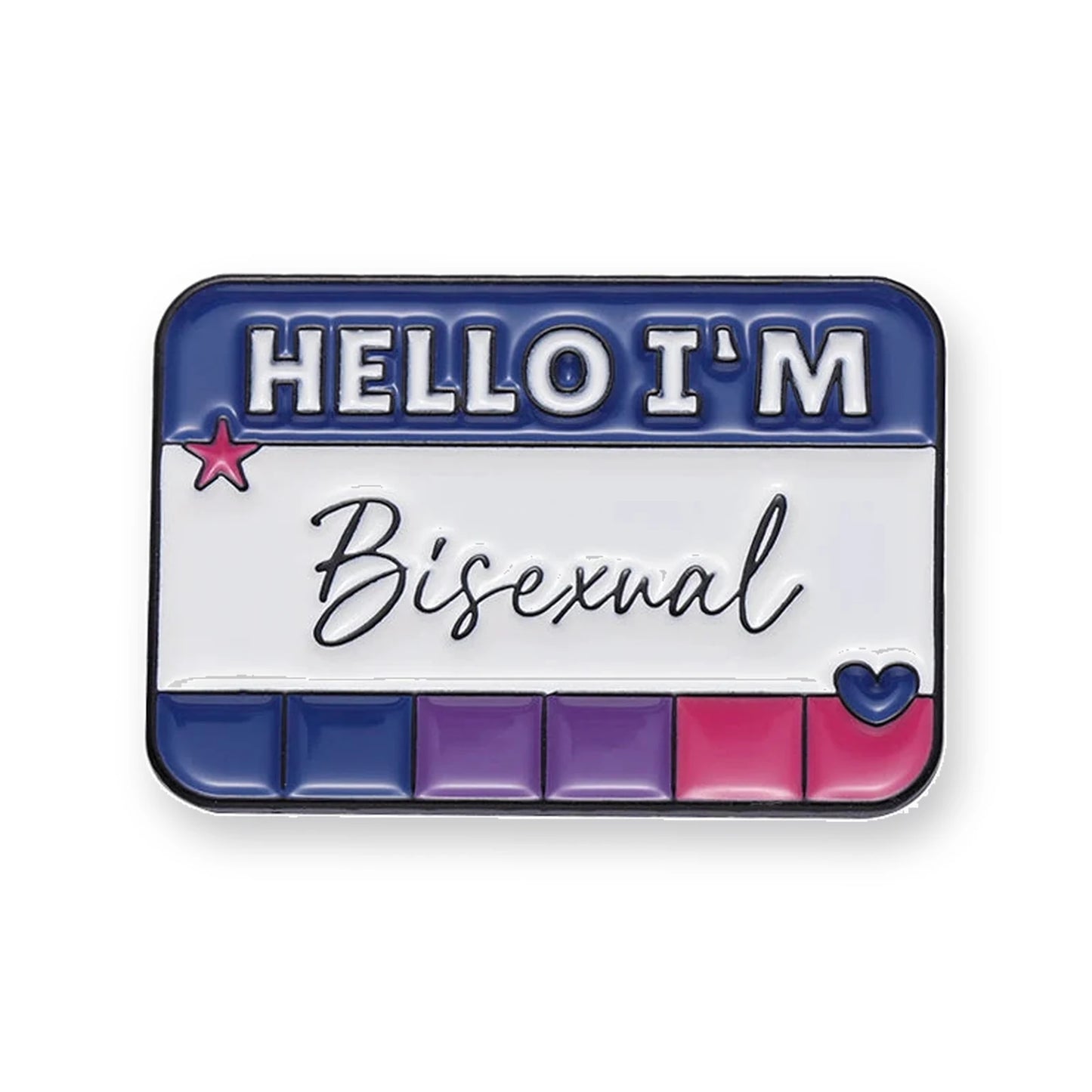 Badge émaillé HELLO I'M Bisexual, bandeau bleu nuit et couleurs du drapeau bisexuel