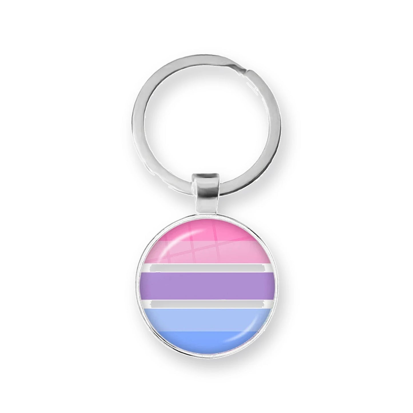 Porte-clés cabochon au drapeau bigenre : roses, blanc, violet, bleus sous dôme de verre