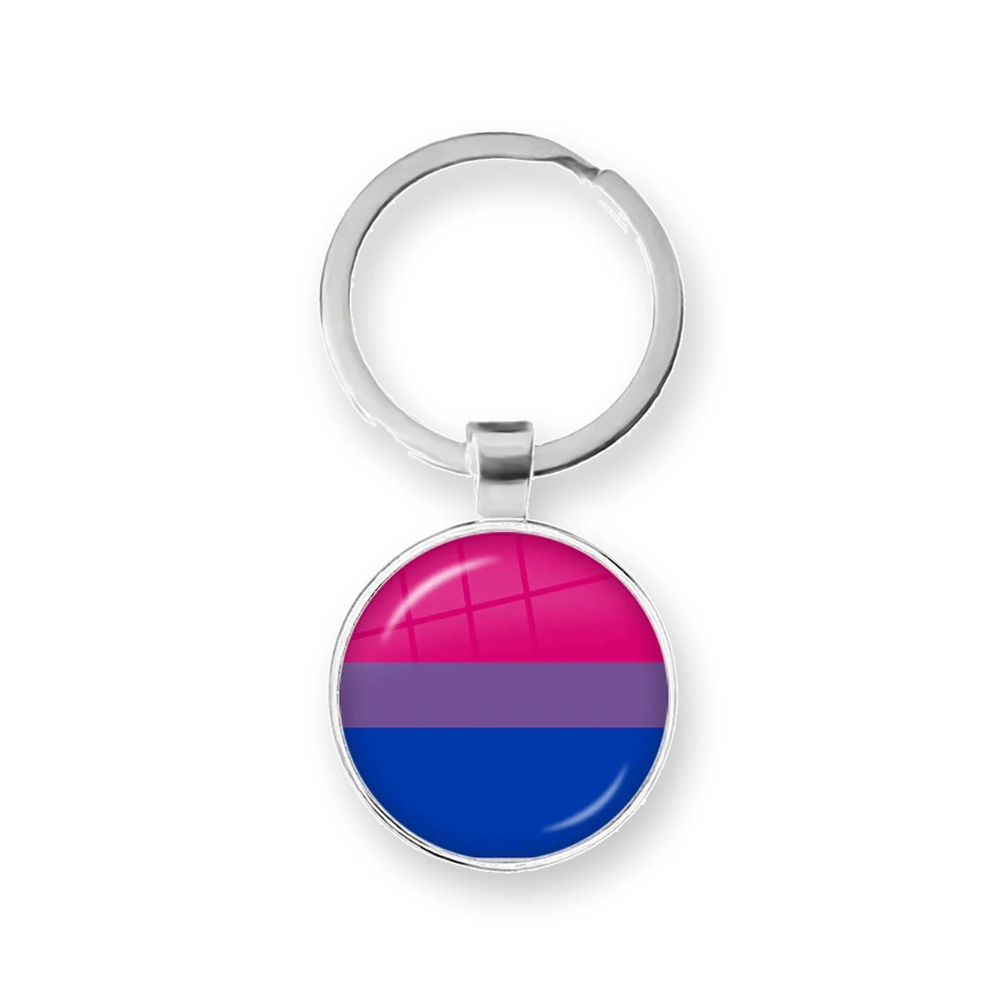 Porte-clés cabochon au drapeau bisexuel : magenta, violet, bleu sous dôme de verre