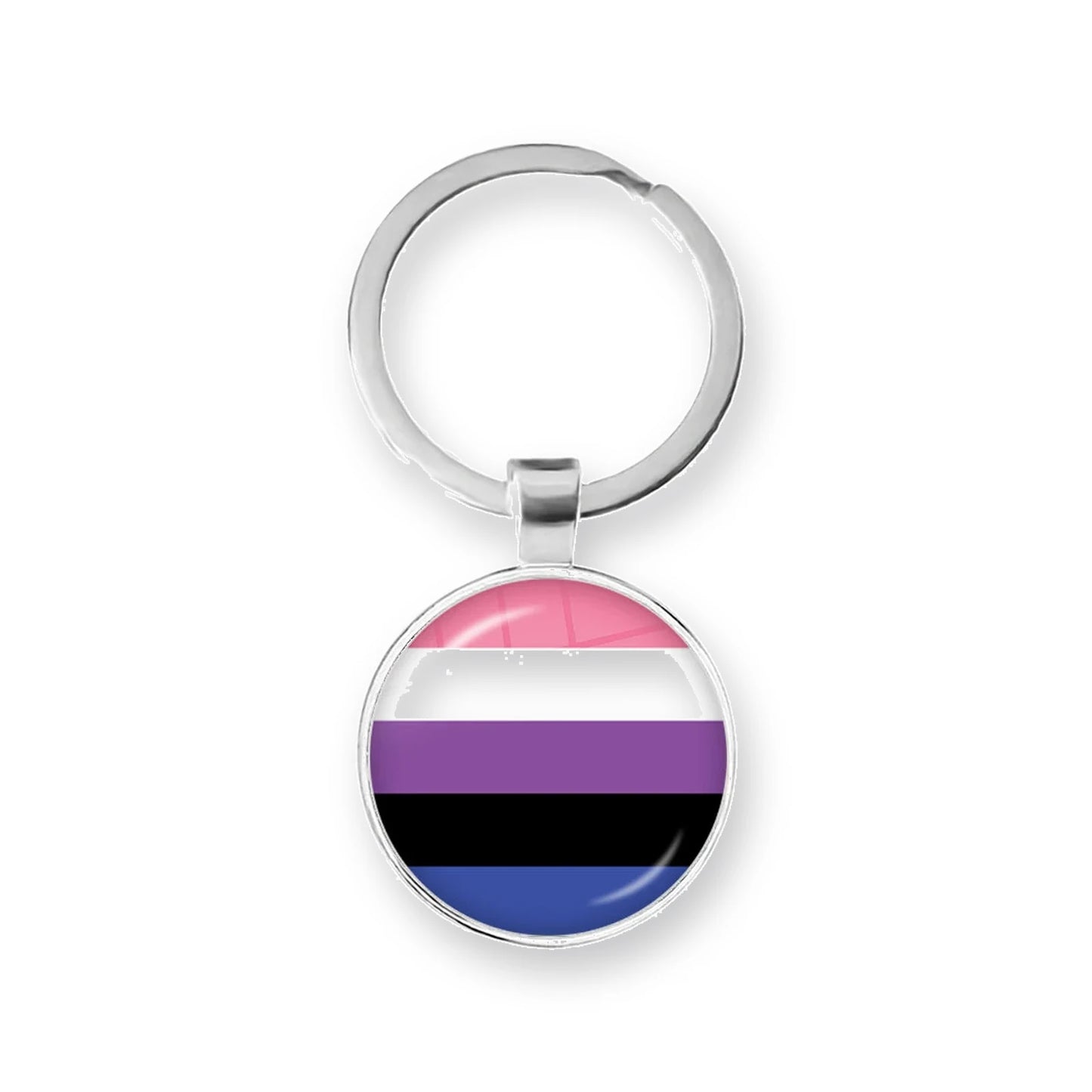 Porte-clés cabochon au drapeau genderfluid : rose, blanc, violet, noir, bleu sous dôme de verre