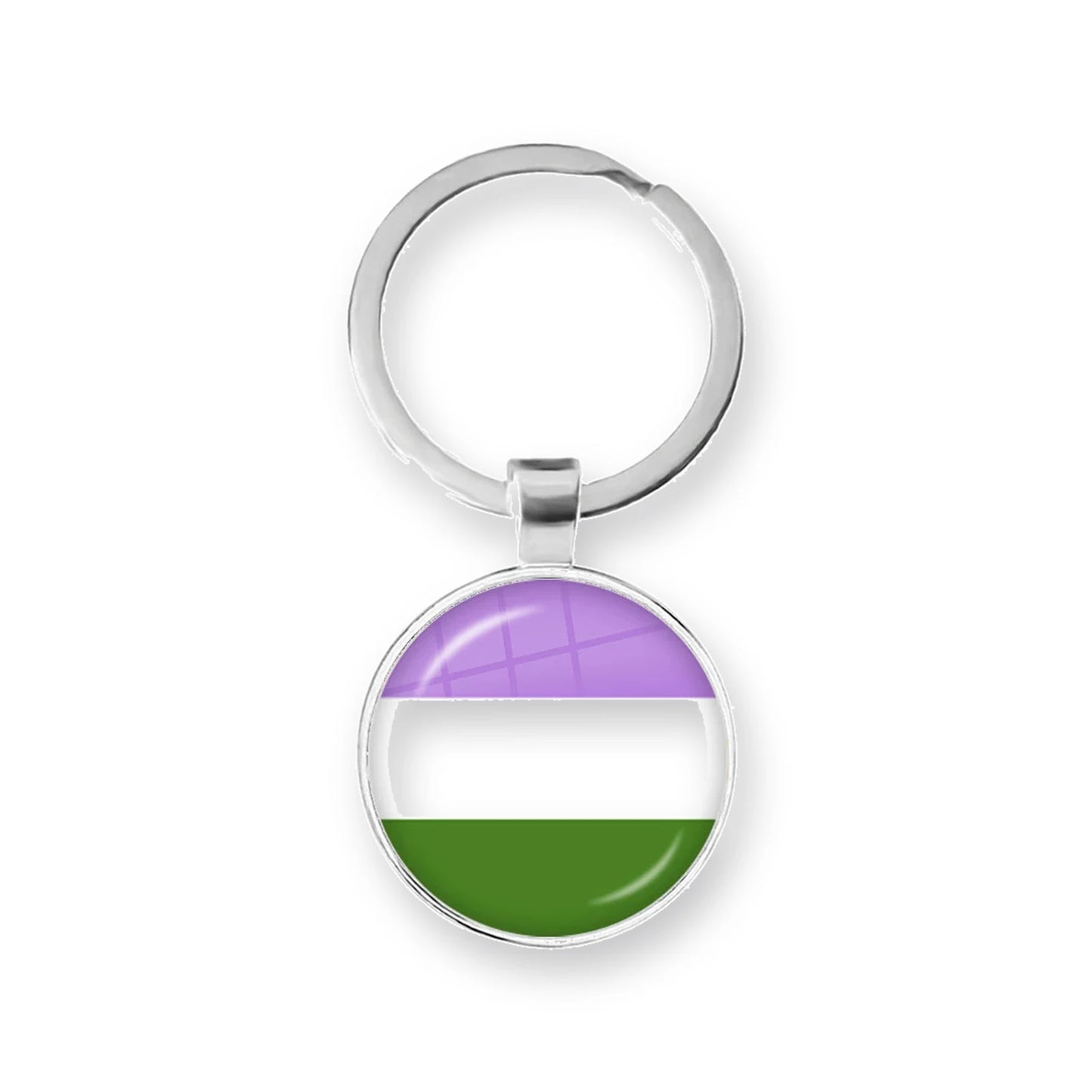 Porte-clés cabochon au drapeau genderqueer : lavande, blanc, vert sous dôme de verre
