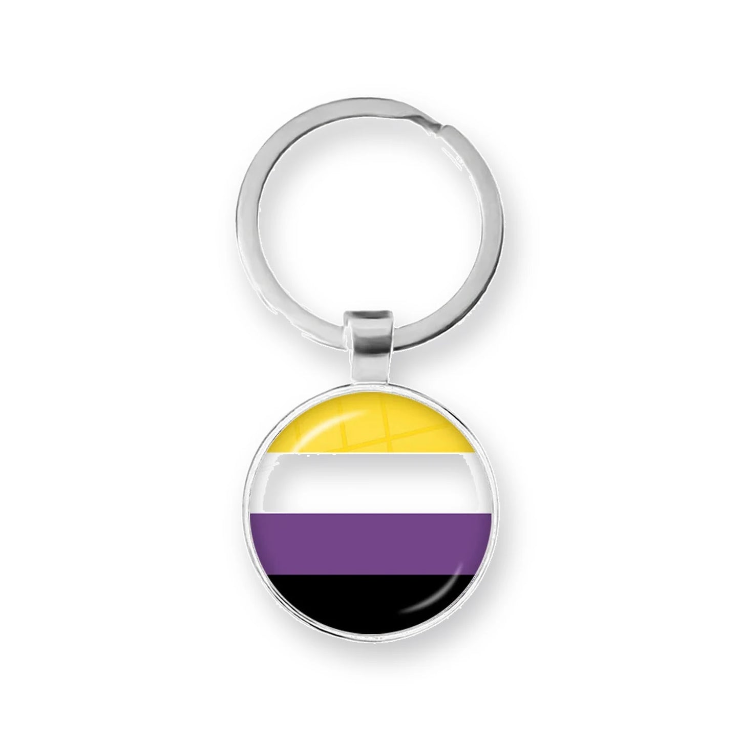 Porte-clés cabochon au drapeau non-binaire : jaune, blanc, violet, noir sous dôme de verre