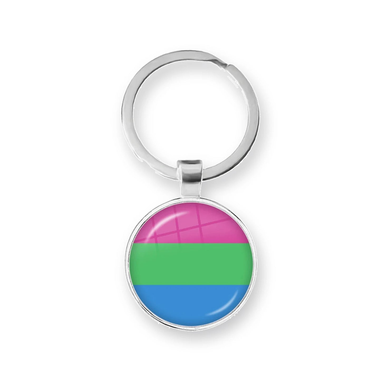 Porte-clés cabochon au drapeau polysexuel : rose, vert, bleu sous dôme de verre