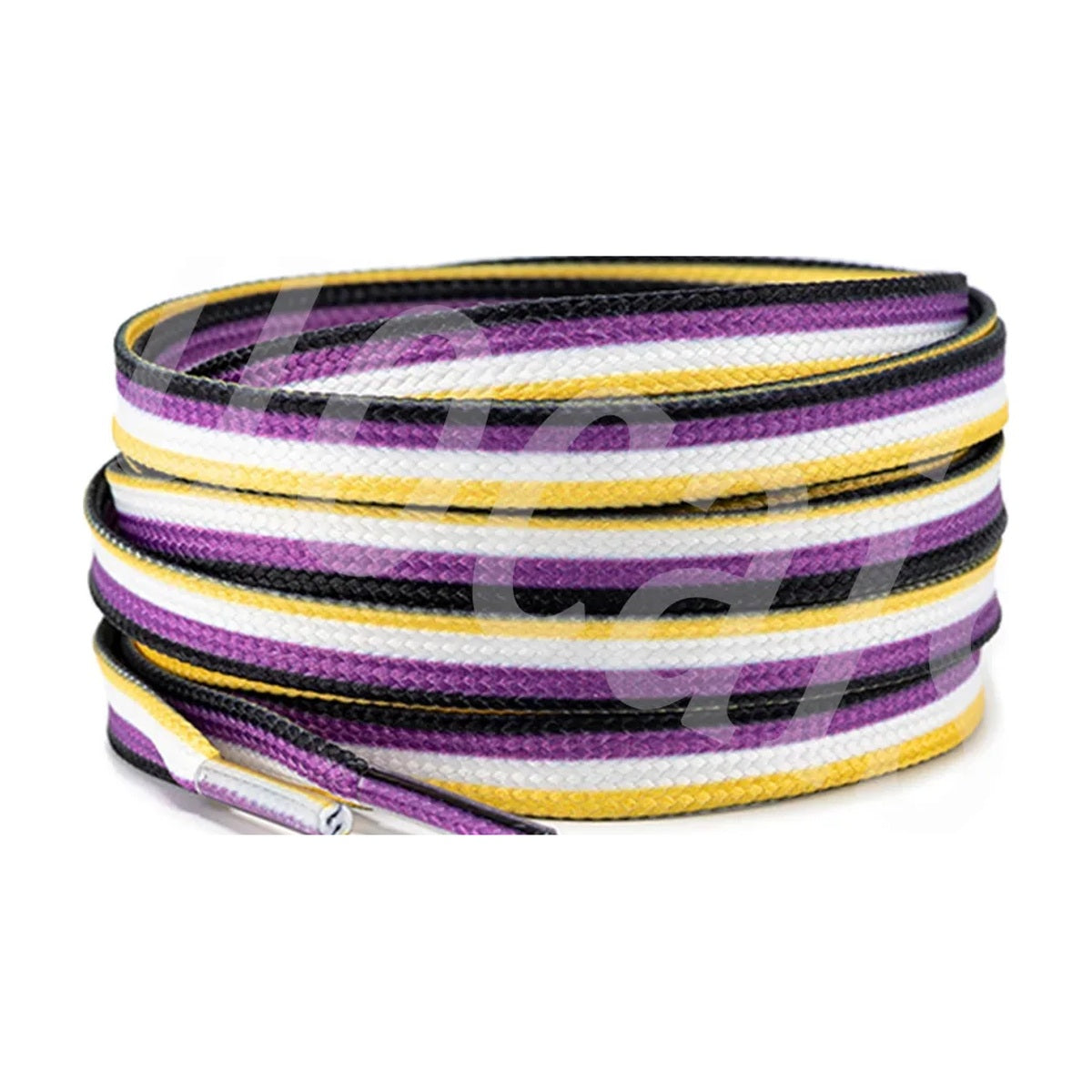Lacets plats aux couleurs du drapeau non-binaire : jaune, blanc, violet et noir