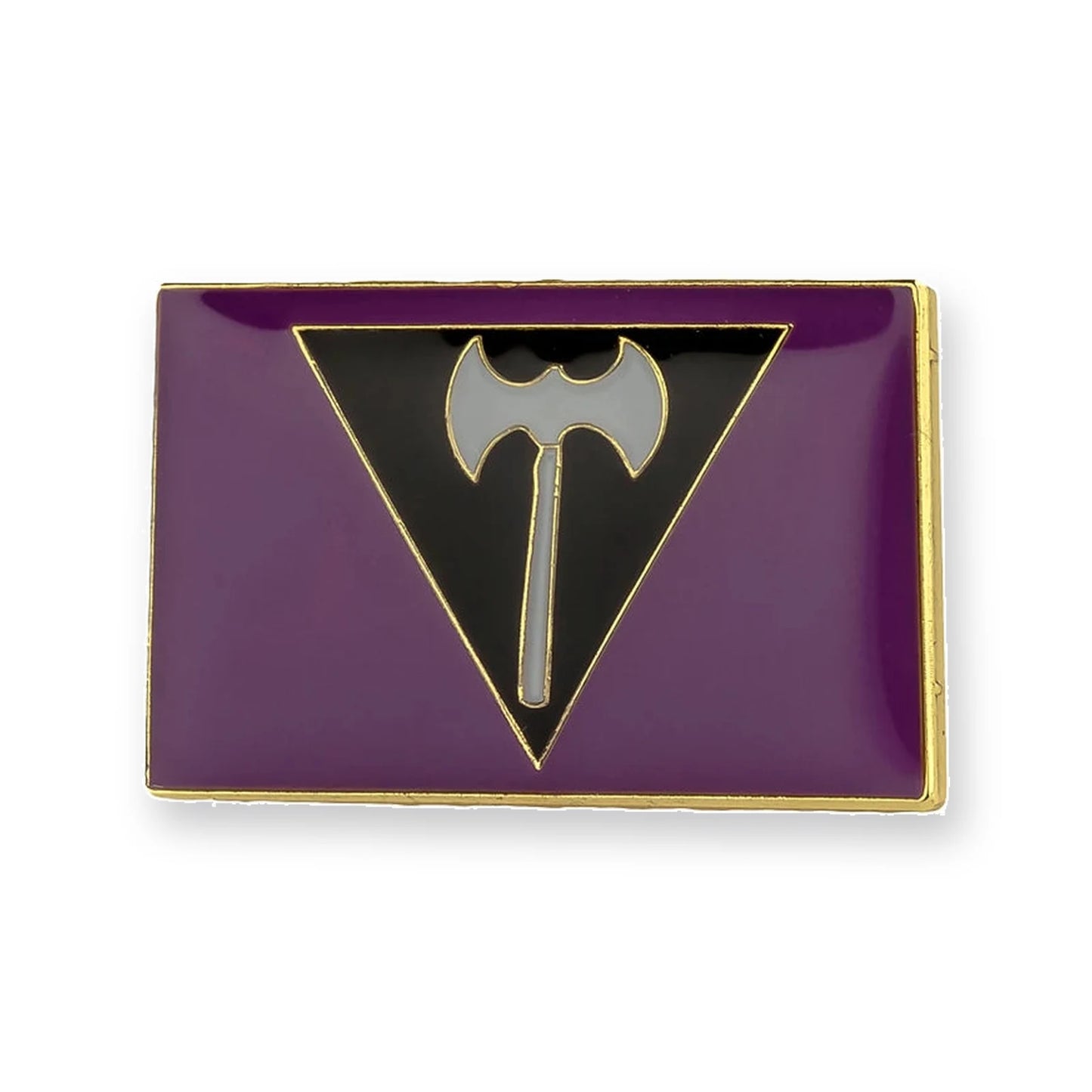 Pins drapeau labrys lesbien : hache double sur triangle noir, fond violet
