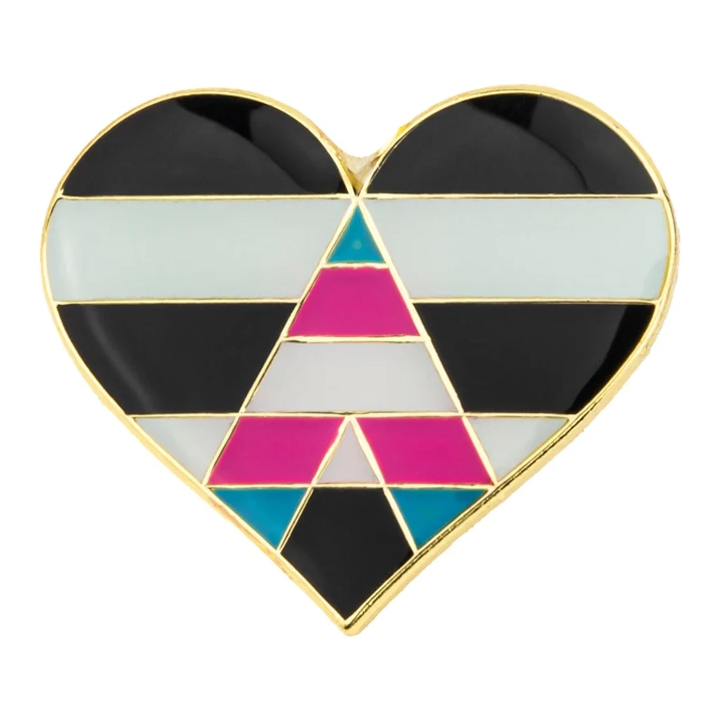 Pins cœur émaillé du drapeau allié aux personnes trans : chevrons noirs et blancs, lettre A rose, blanche et bleue