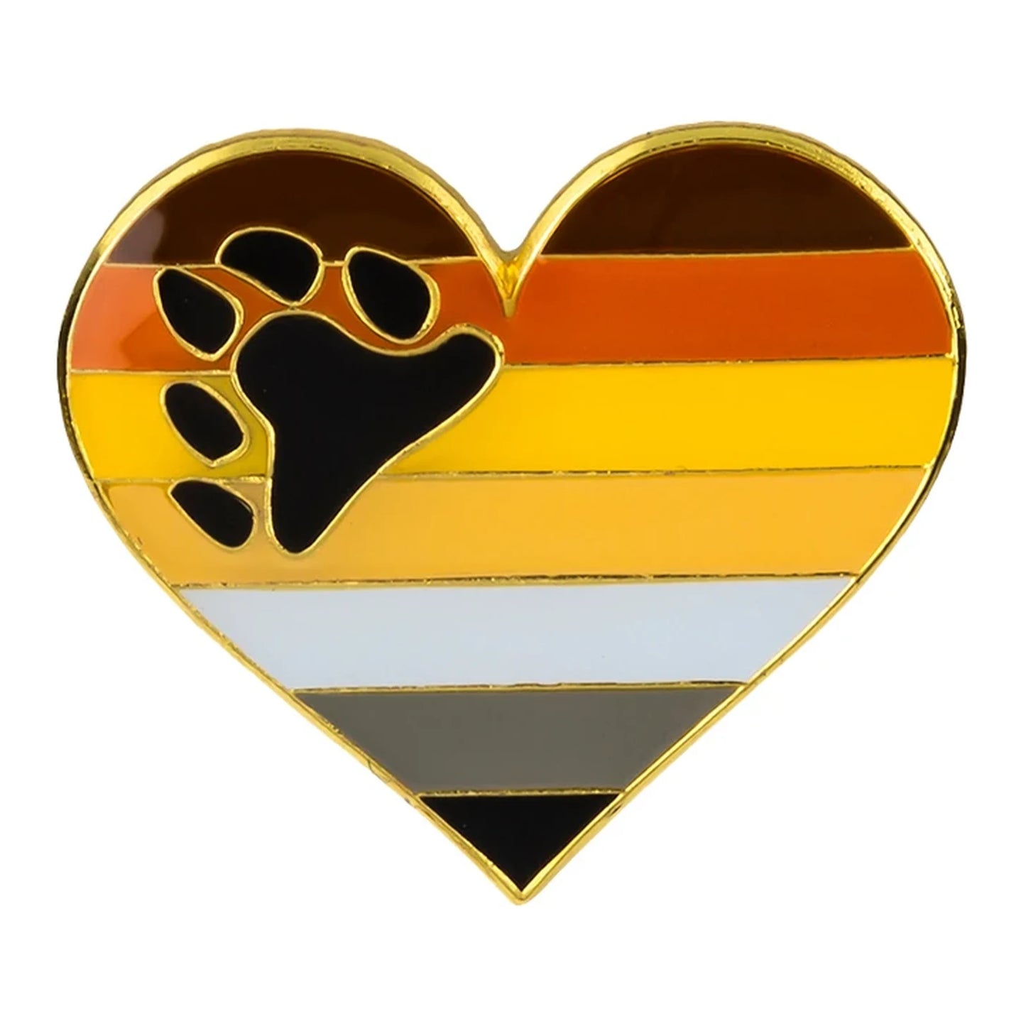 Pins cœur émaillé du drapeau ours Bear Brotherhood : bruns, roux, crème, gris, noir et empreinte de patte