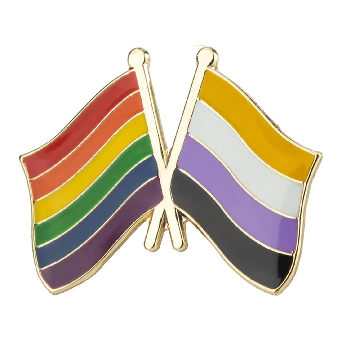 Pins à deux drapeaux croisés sur hampes dorées : arc-en-ciel et non-binaire
