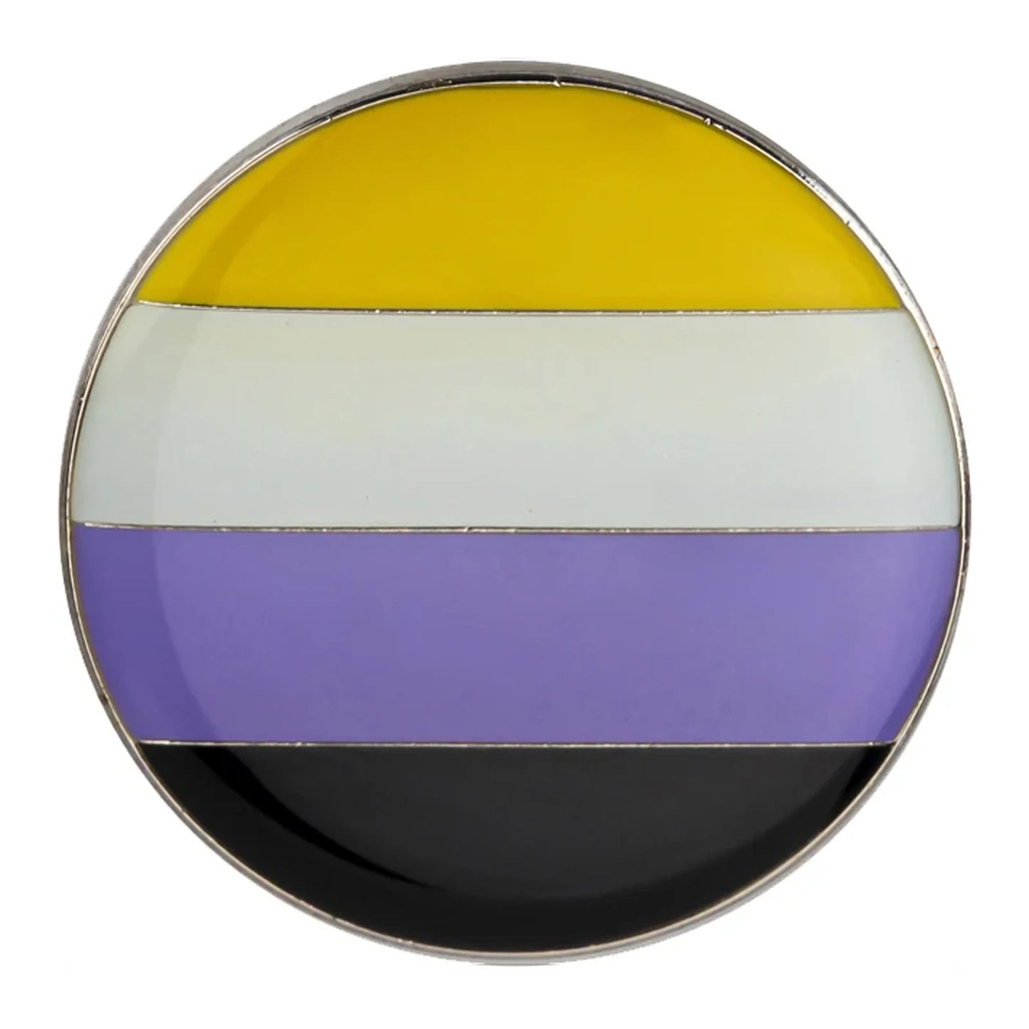 Badge rond émaillé aux quatre couleurs du drapeau non-binaire : jaune, blanc, violet et noir