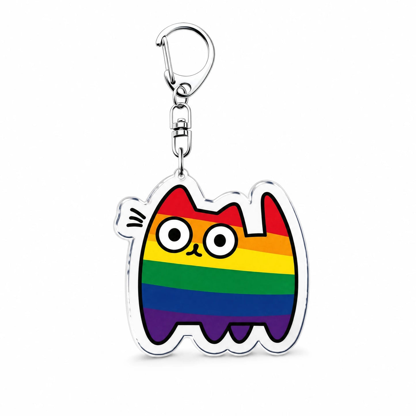 Porte-clés en acrylique : un chat aux six couleurs de l'arc-en-ciel, rouge, orange, jaune, vert, bleu et violet, mousqueton métal