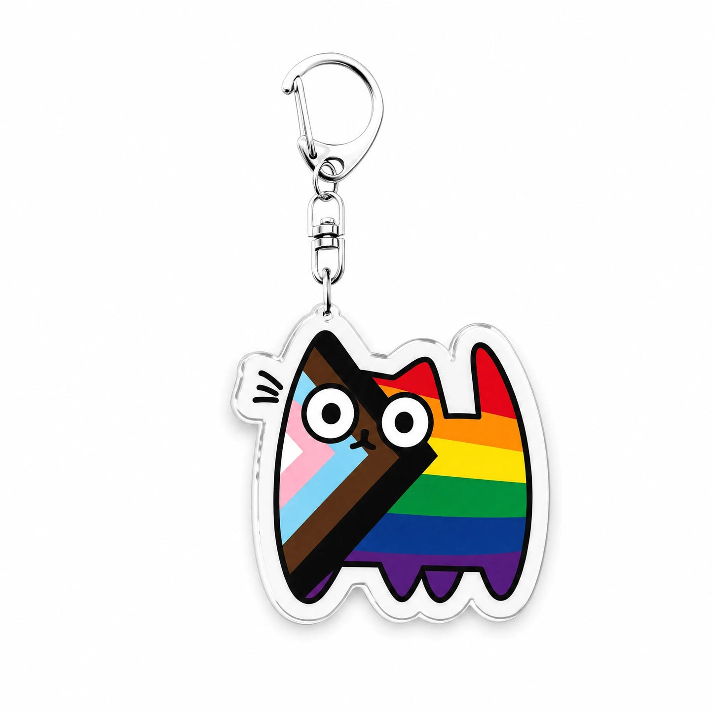 Porte-clés en acrylique : un chat aux couleurs du drapeau Progress Pride, arc-en-ciel avec le chevron trans, brun et noir, mousqueton métal