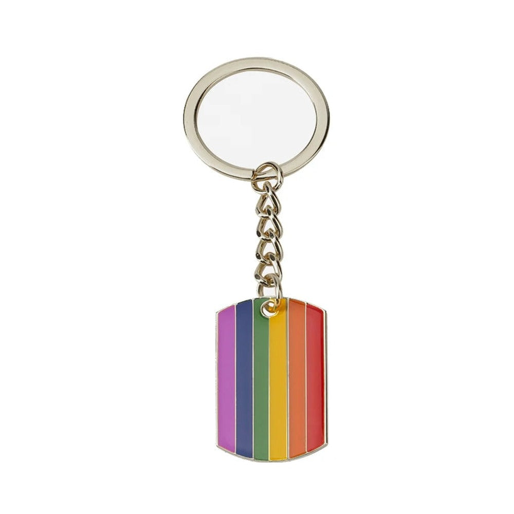 Porte-clés plaquette métal émaillée aux six couleurs du drapeau arc-en-ciel, sur anneau et chaîne