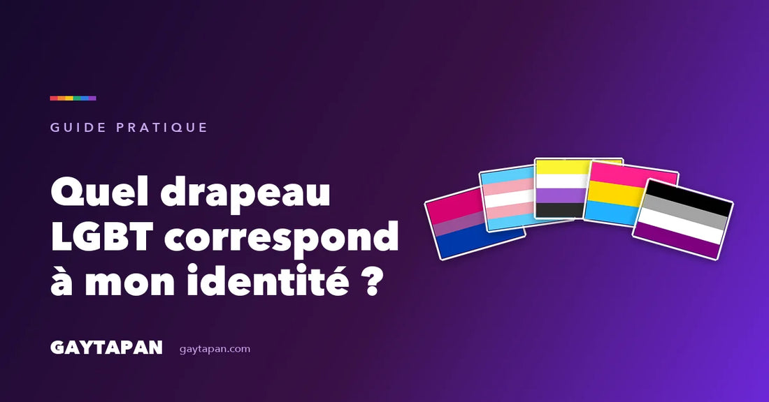 Cinq drapeaux LGBT en éventail — bisexuel, transgenre, non-binaire, pansexuel, asexuel — pour le guide « Quel drapeau correspond à mon identité ? »