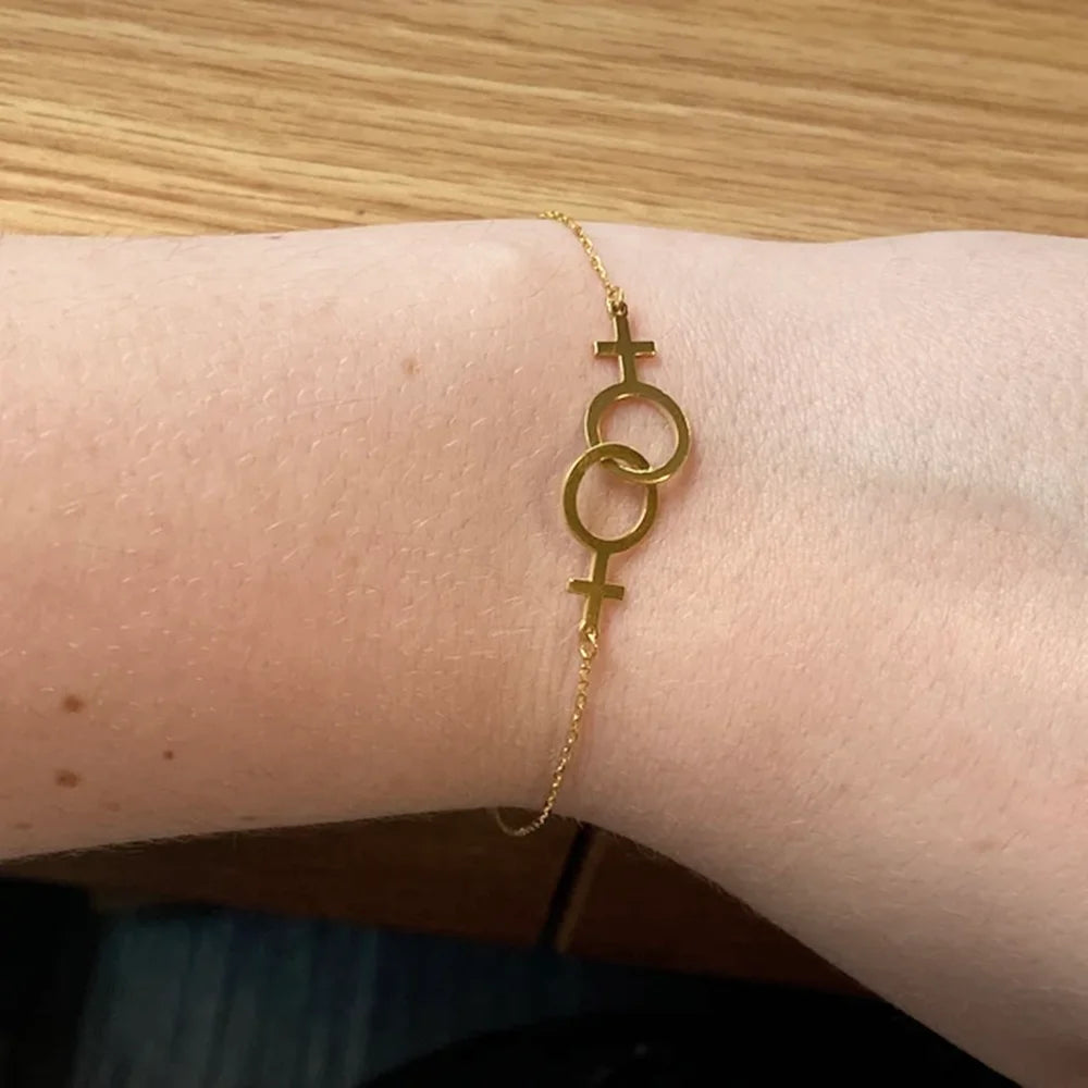 Bracelet lesbien double Vénus, finitions argent, doré et or rose
