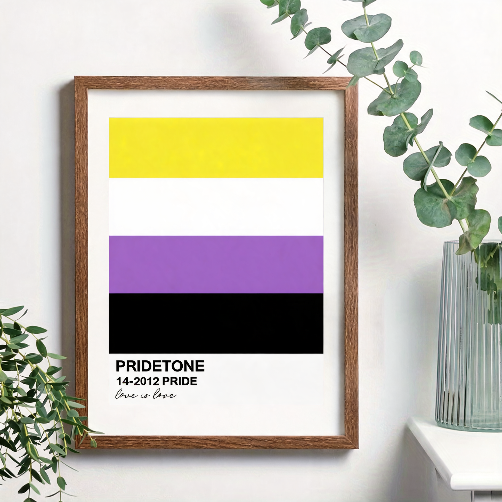 Affiche du drapeau non-binaire en nuancier Pride, jaune, blanc, violet et noir, cadre bois non inclus sur un mur blanc