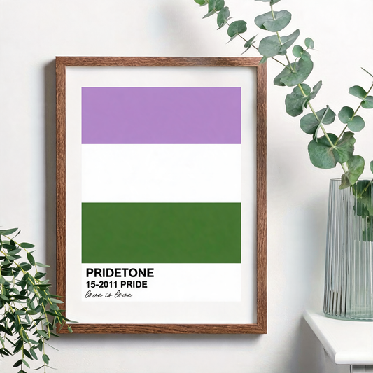 Affiche du drapeau genderqueer en nuancier Pride, lavande, blanc et vert, cadre bois non inclus sur un mur blanc