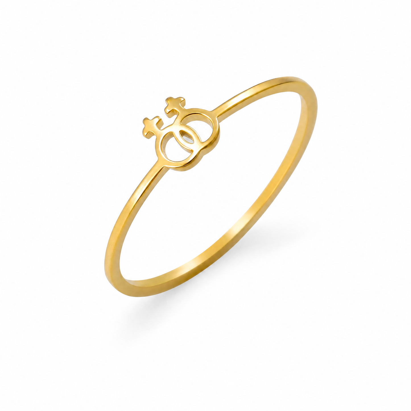 Bague lesbienne dorée, deux cercles de Vénus entrelacés sur un anneau fin