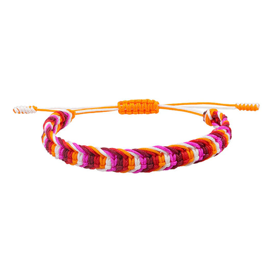 Bracelet tressé aux couleurs du drapeau lesbien : orange, rouge, blanc, magenta et bordeaux, cordon coulissant orange
