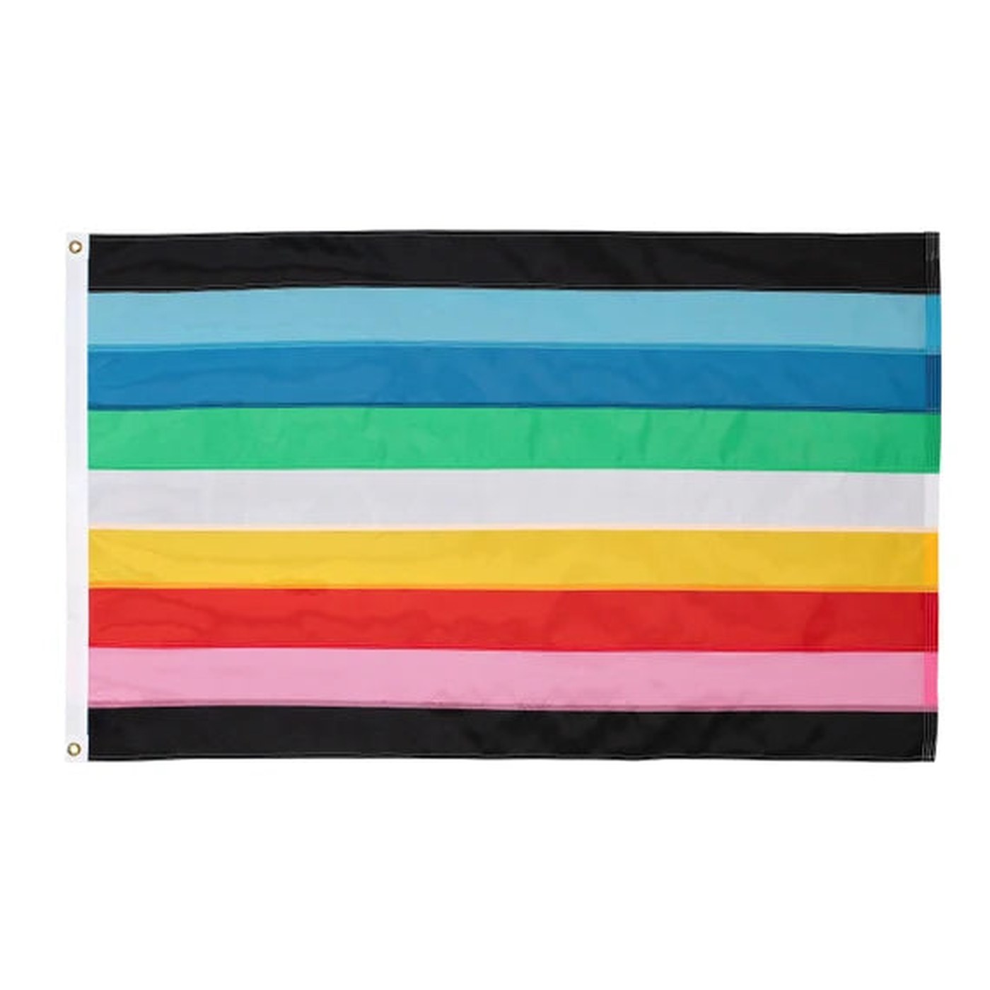 Drapeau queer : neuf bandes bleues, verte, blanche, jaune, rouge et roses, encadrées de noir