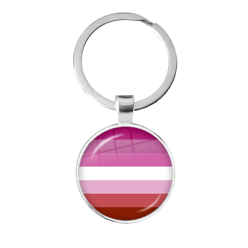 Porte-clés cabochon au drapeau lesbien rose sous dôme de verre, monture argentée