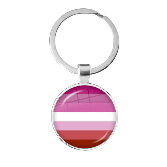 Porte-clés cabochon au drapeau lesbien rose sous dôme de verre, monture argentée