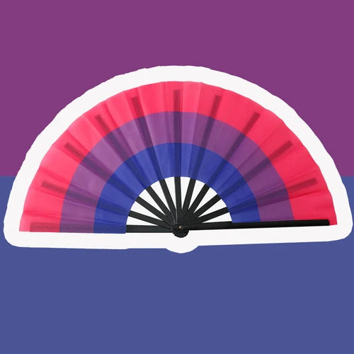 Éventail pliant aux couleurs du drapeau bisexuel : magenta, lavande et bleu