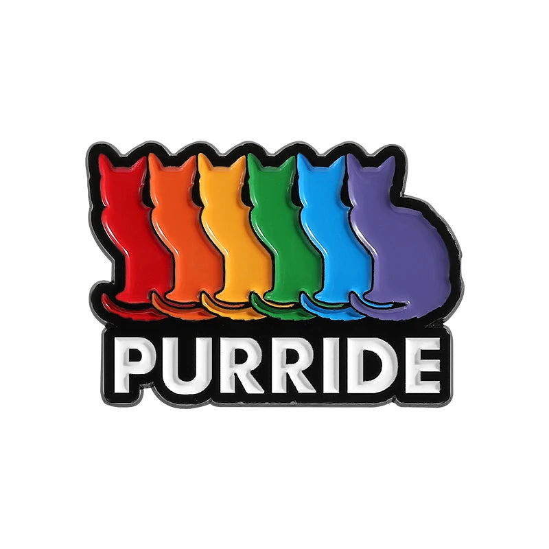 Pins émaillé noir : six chats assis aux couleurs de l'arc-en-ciel au-dessus du mot PURRIDE