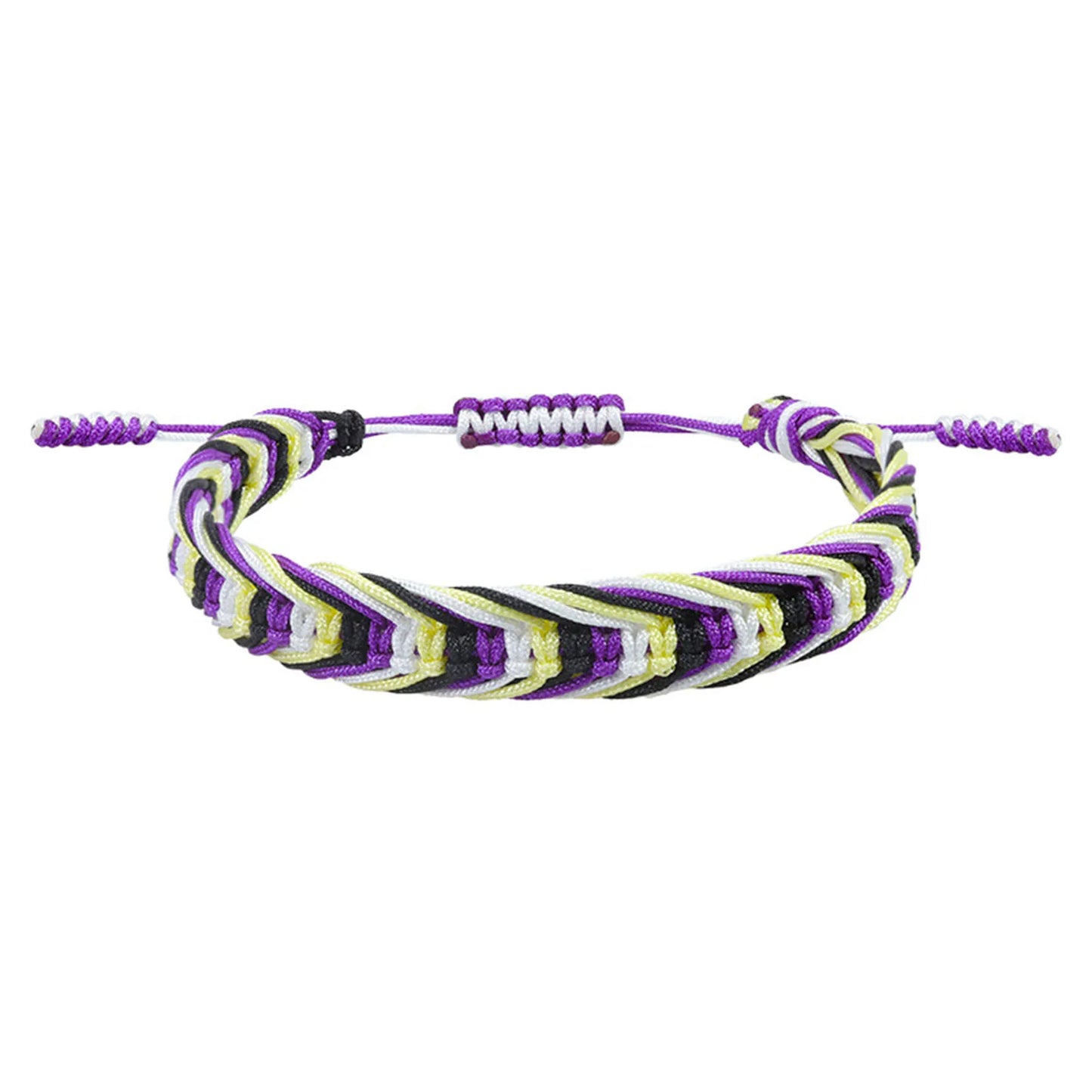 Bracelet tressé aux couleurs du drapeau non-binaire : jaune, blanc, violet et noir