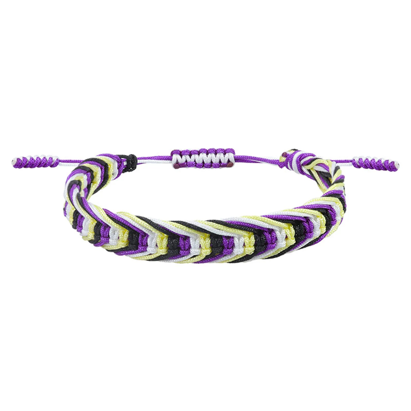 Bracelet tressé aux couleurs du drapeau non-binaire : jaune, blanc, violet et noir