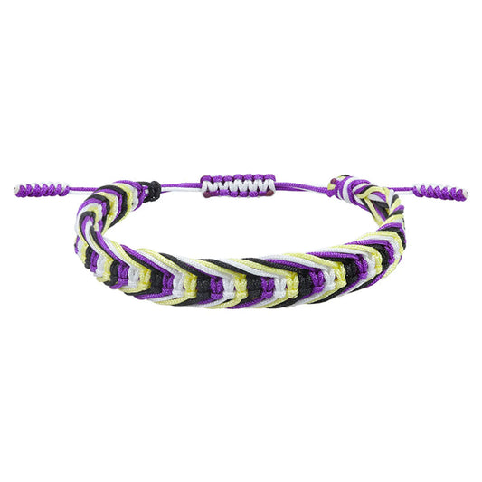 Bracelet tressé aux couleurs du drapeau non-binaire : jaune, blanc, violet et noir