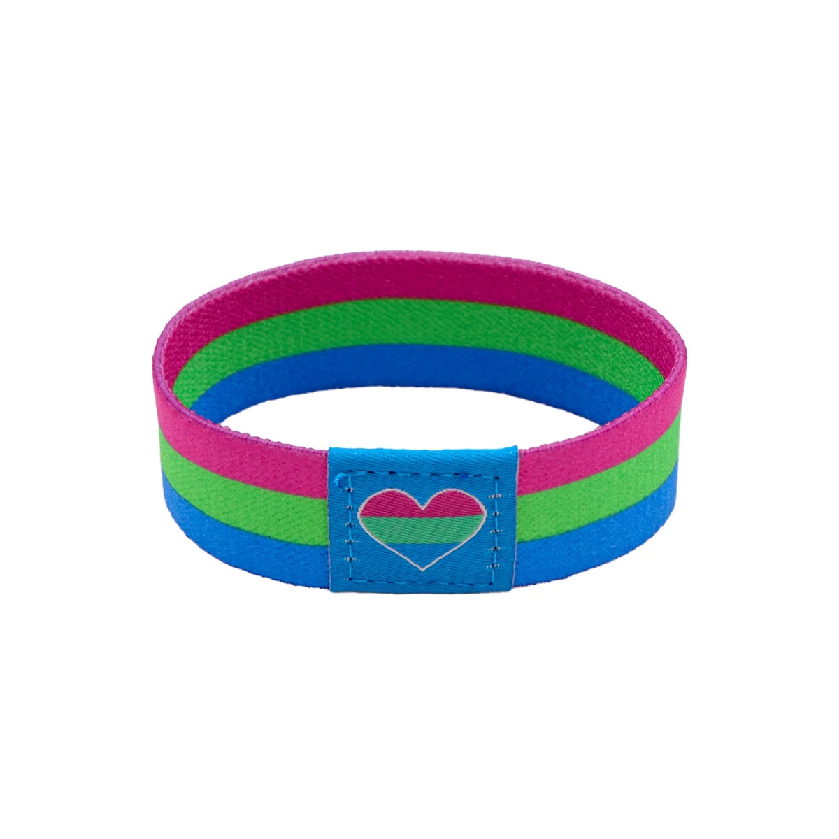 Bracelet polysexuel élastique rose, vert et bleu avec cœur assorti