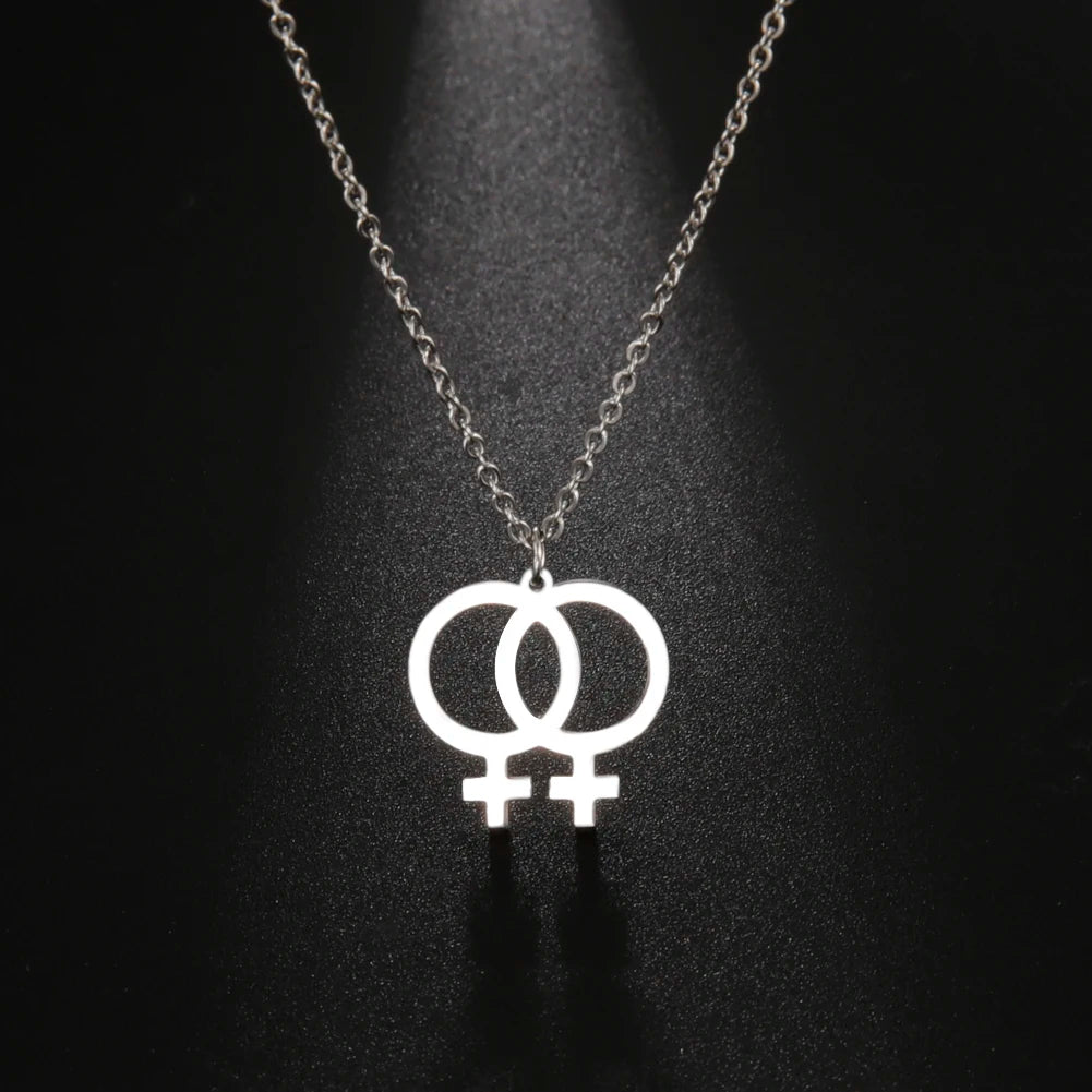 Collier lesbien double Vénus en acier argenté