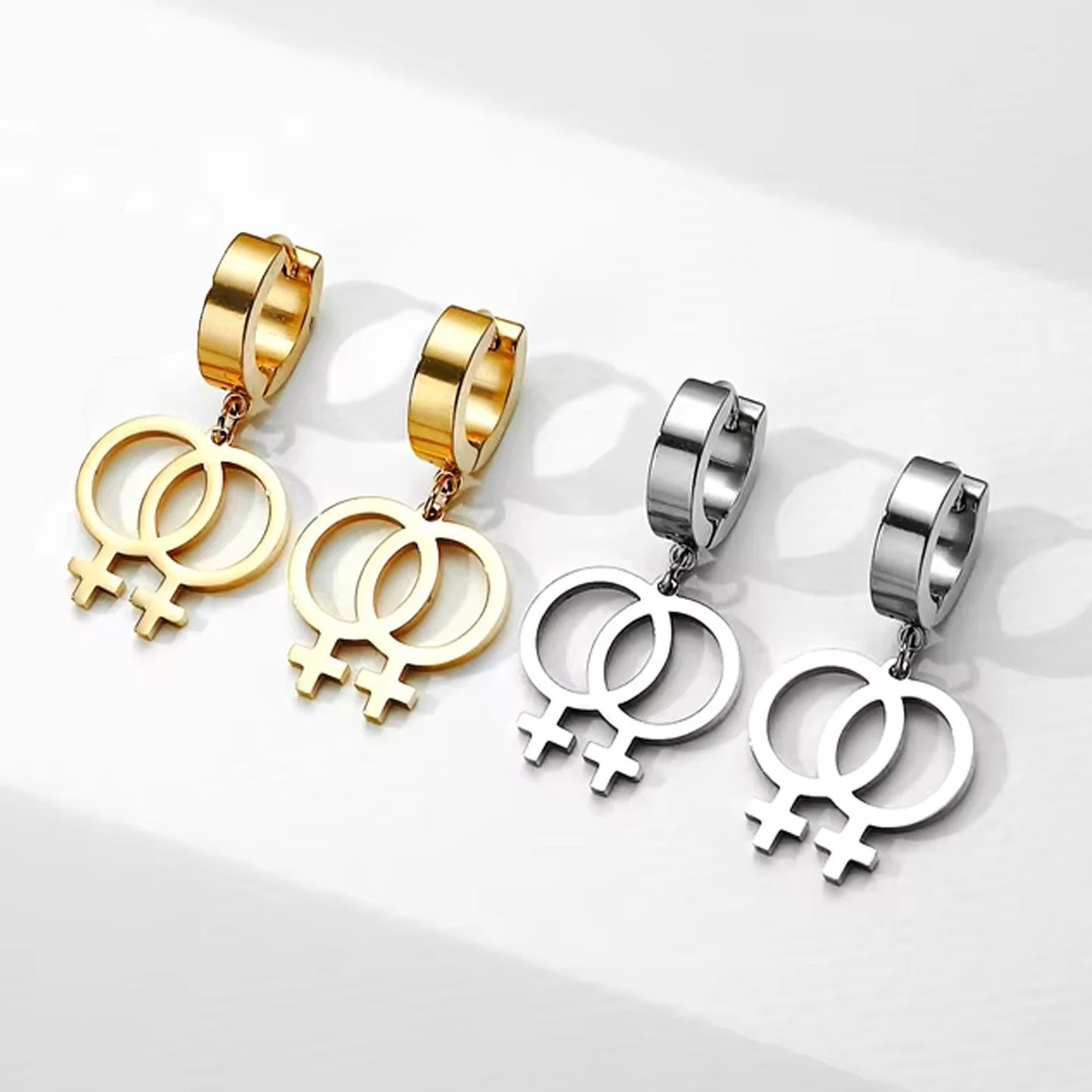 Boucles d'oreilles créoles avec pendentif double Vénus, symbole lesbien, acier et doré