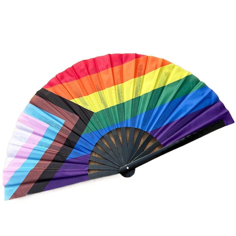 Éventail de 64 cm aux couleurs du drapeau Progress Pride, chevron noir, marron, bleu, rose et blanc