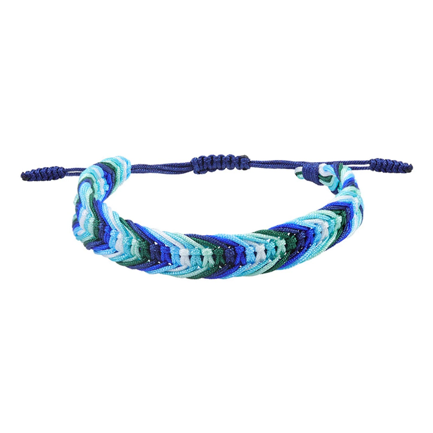 Bracelet brésilien tressé aux couleurs du drapeau gay masculin : vert foncé, vert d'eau, blanc, bleu clair et bleu nuit, cordon coulissant
