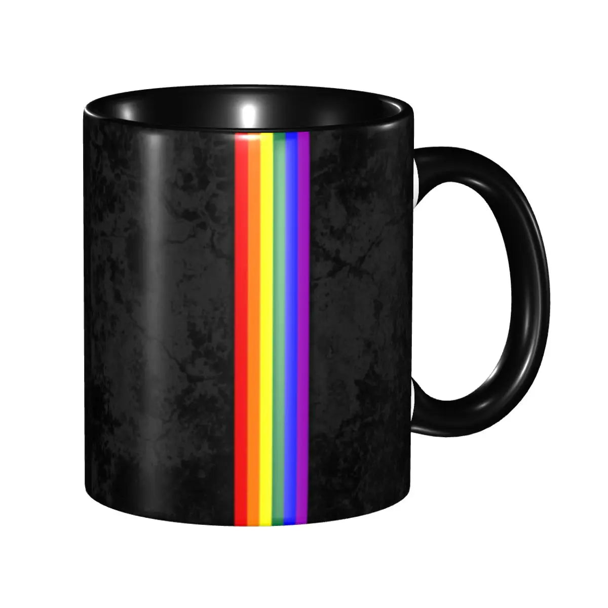 Mug LGBT noir à fine bande arc-en-ciel verticale