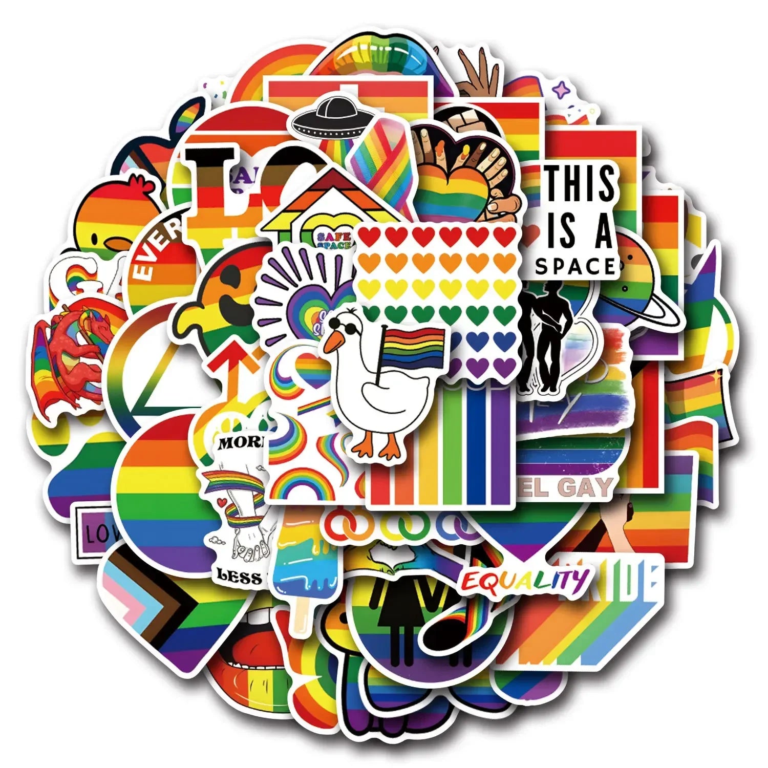 Pile des 110 autocollants Pride en vinyle : drapeaux, cœurs, slogans et motifs arc-en-ciel