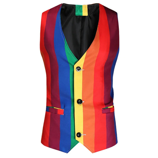Gilet de costume à rayures arc-en-ciel verticales, vu de face, col en V et trois boutons