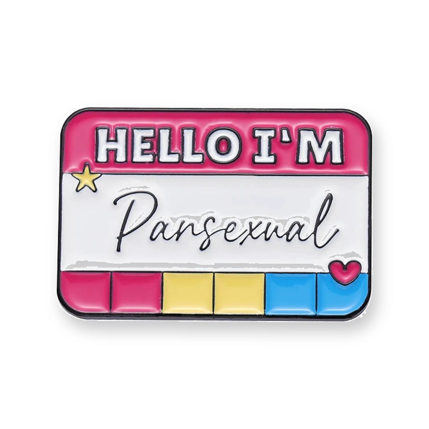 Badge émaillé HELLO I'M Pansexual, bandeau rose et couleurs rose, jaune et cyan