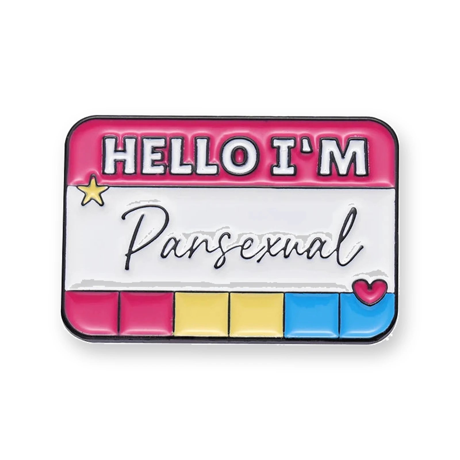 Badge émaillé HELLO I'M Pansexual, bandeau rose et couleurs rose, jaune et cyan