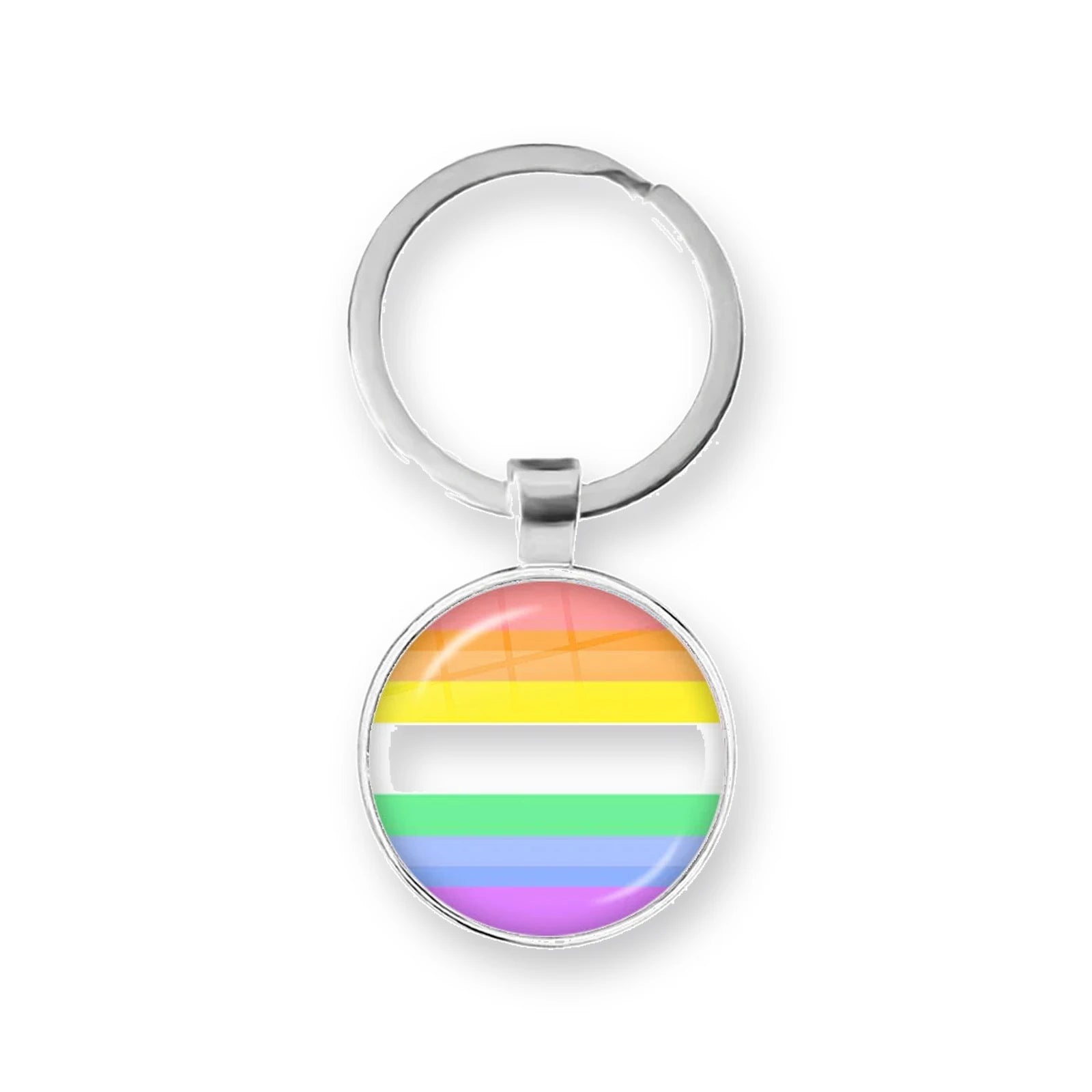 Porte-clés cabochon au motif arc-en-ciel pastel sous dôme de verre
