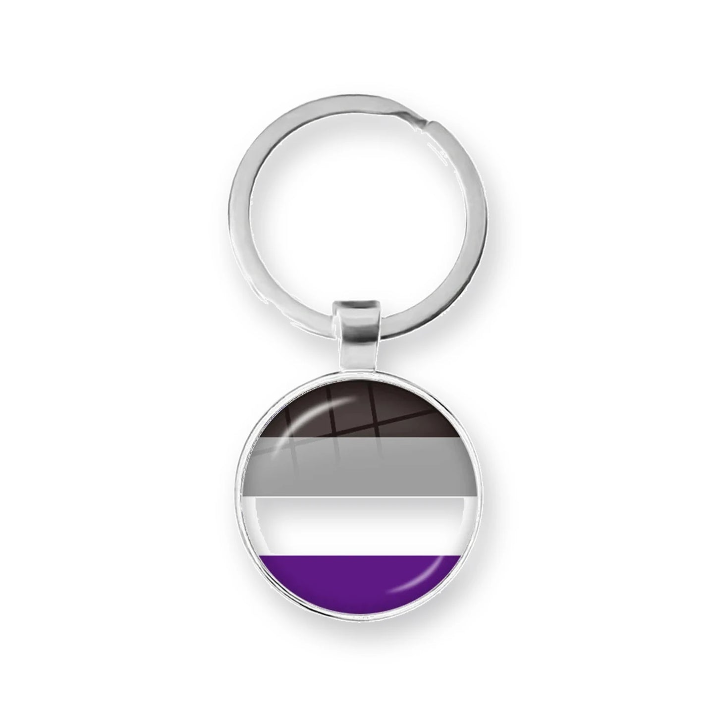 Porte-clés cabochon au drapeau asexuel : noir, gris, blanc, violet sous dôme de verre