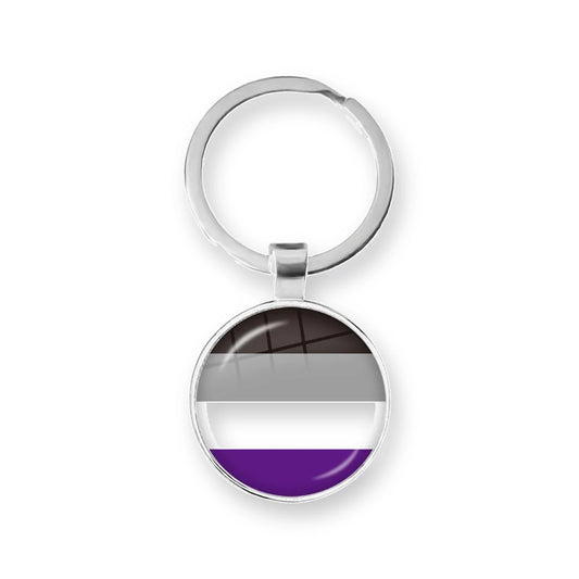Porte-clés cabochon au drapeau asexuel : noir, gris, blanc, violet sous dôme de verre