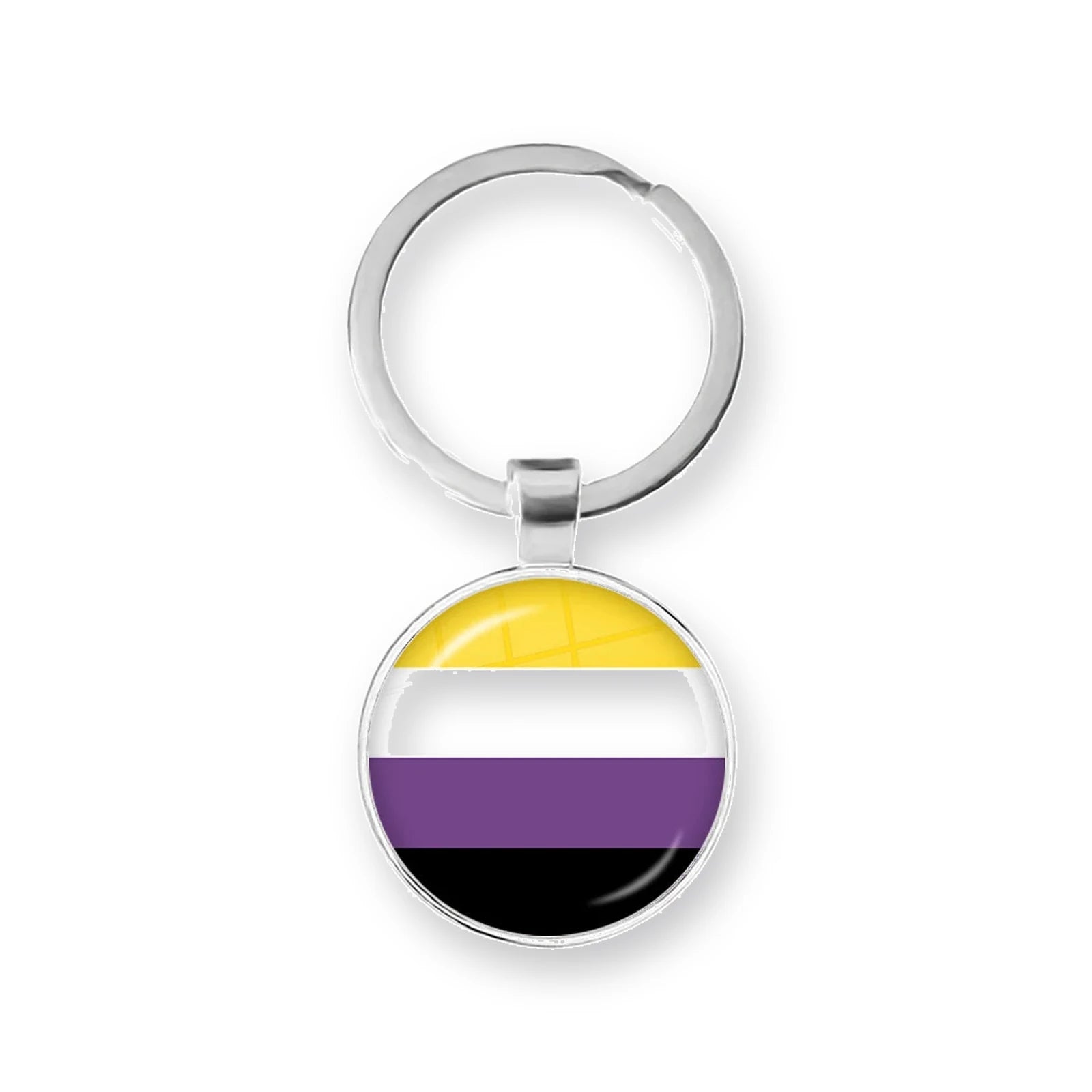 Porte-clés cabochon au drapeau non-binaire : jaune, blanc, violet, noir sous dôme de verre
