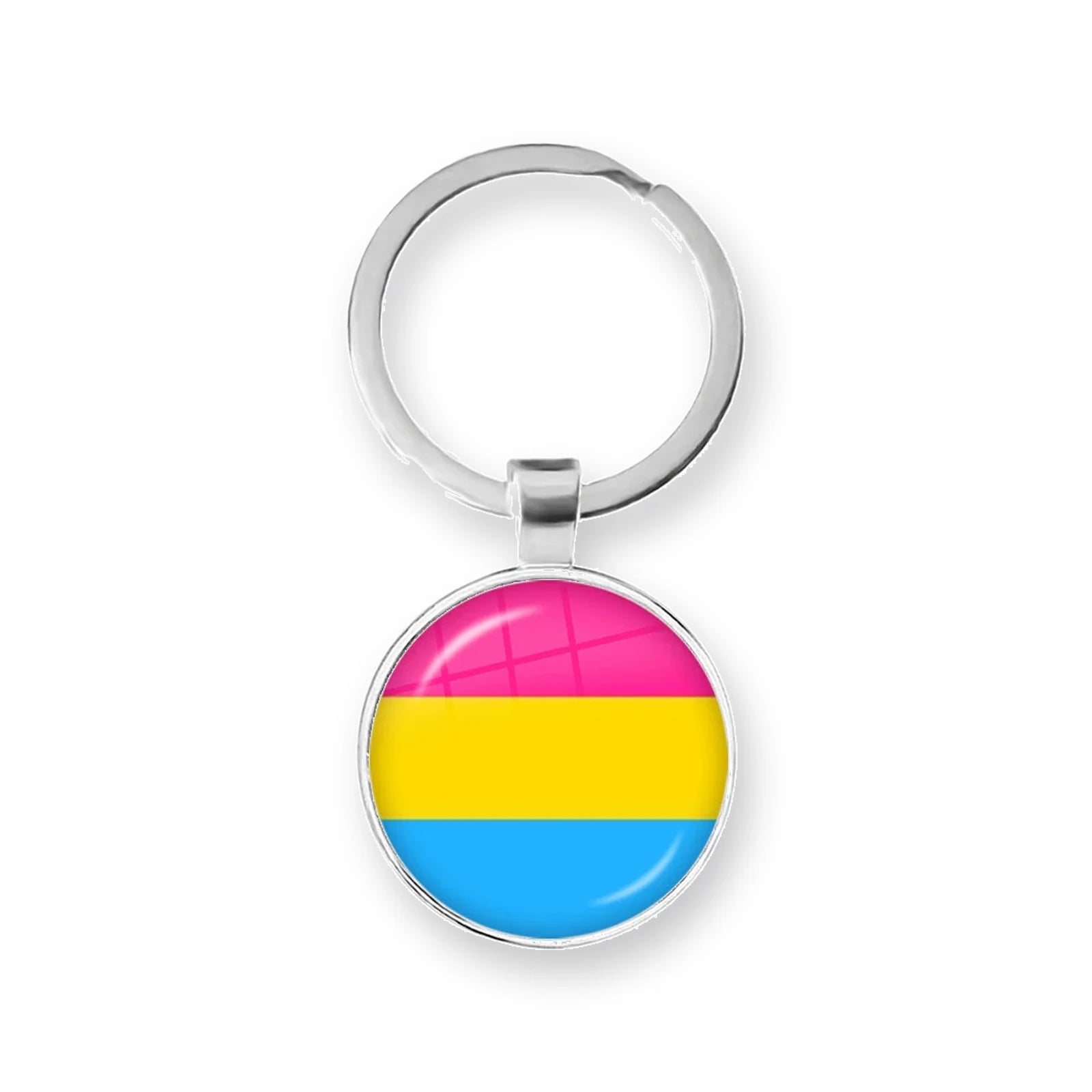 Porte-clés cabochon au drapeau pansexuel : rose, jaune, cyan sous dôme de verre