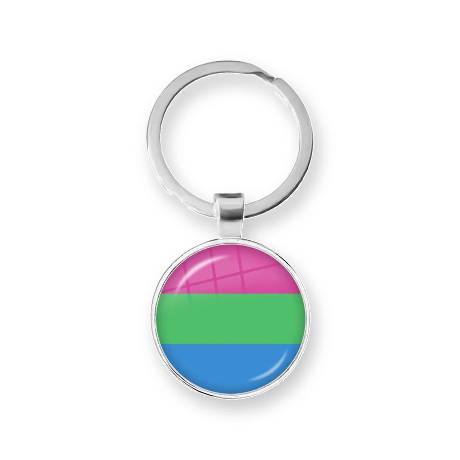 Porte-clés cabochon au drapeau polysexuel : rose, vert, bleu sous dôme de verre